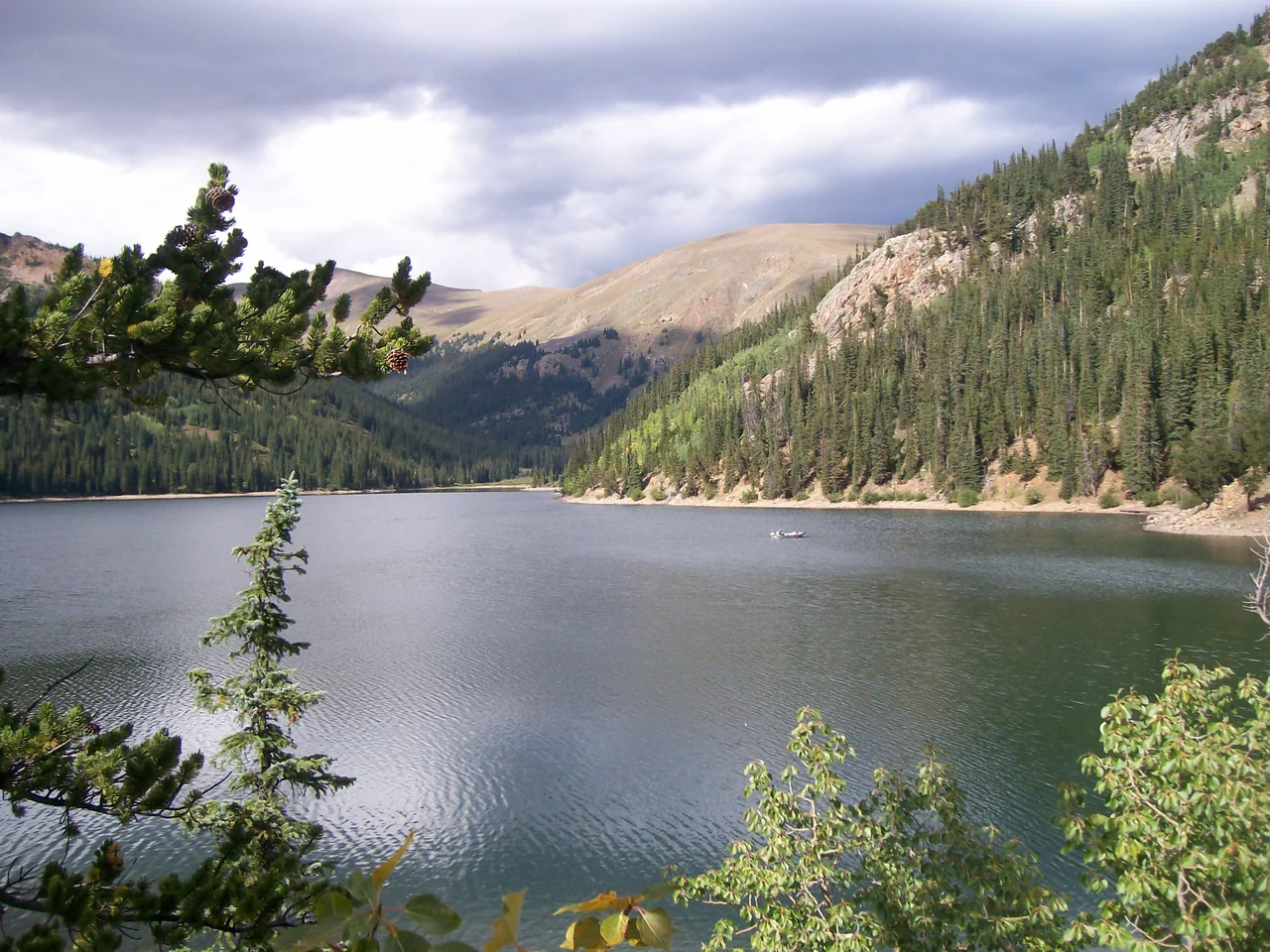 Jefferson Lake below forested mountain slopes, with pine branches in the foreground.